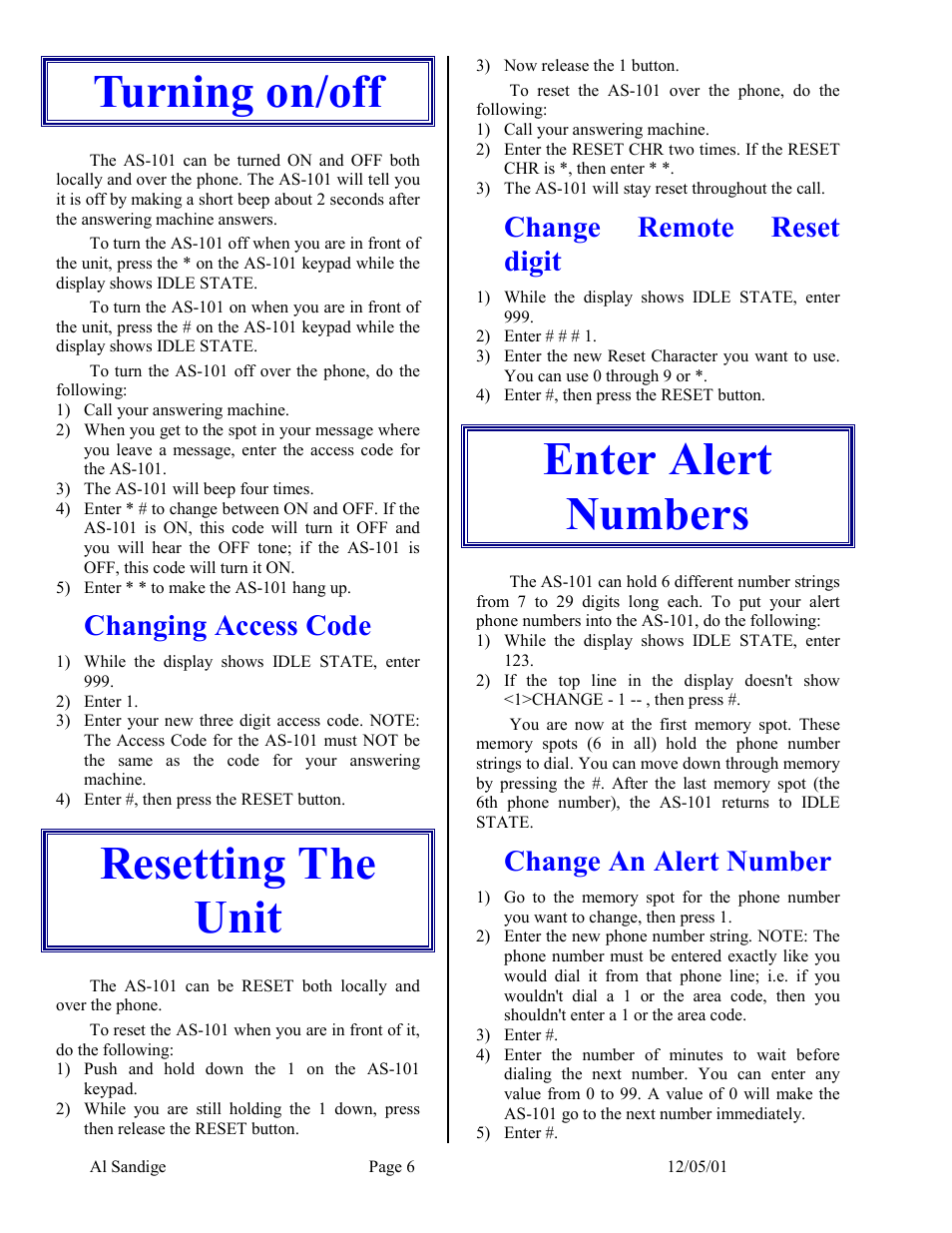 Turning on/off, Changing access code, Resetting the unit | Change remote reset digit, Enter alert numbers, Change an alert number, Advanced features | Skutch Electronics AS-101 User Manual | Page 6 / 10
