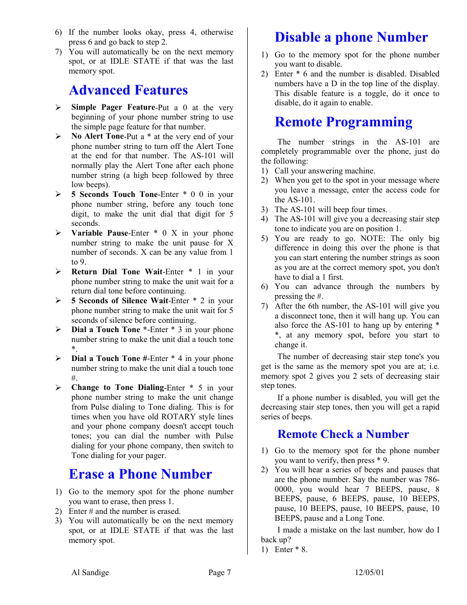 Advanced features, Erase a phone number, Disable a phone number | Remote programming, Remote check a number, Remote erase a number | Skutch Electronics AS-101 User Manual | Page 7 / 10