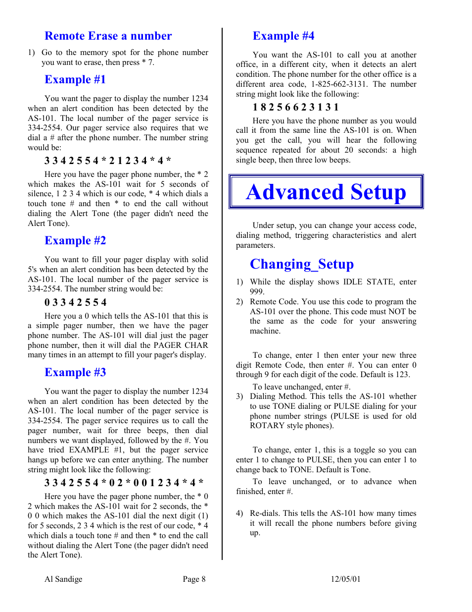 Remote erase a number, Example #1, Example #2 | Example #3, Example #4, Advanced setup, Changing_setup, Al sandige, System counters | Skutch Electronics AS-101 User Manual | Page 8 / 10