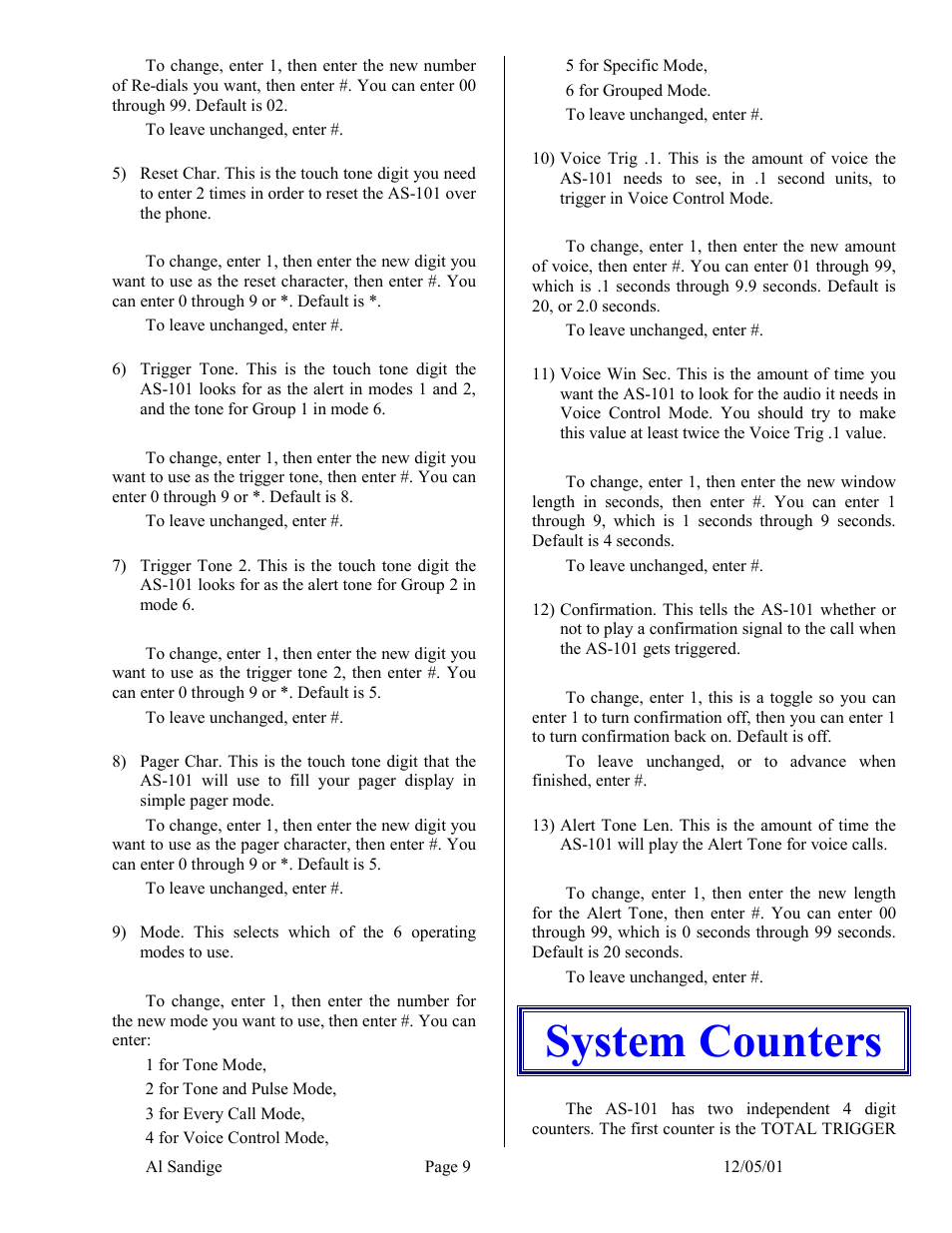 System counters, Support 916-786-6186 | Skutch Electronics AS-101 User Manual | Page 9 / 10
