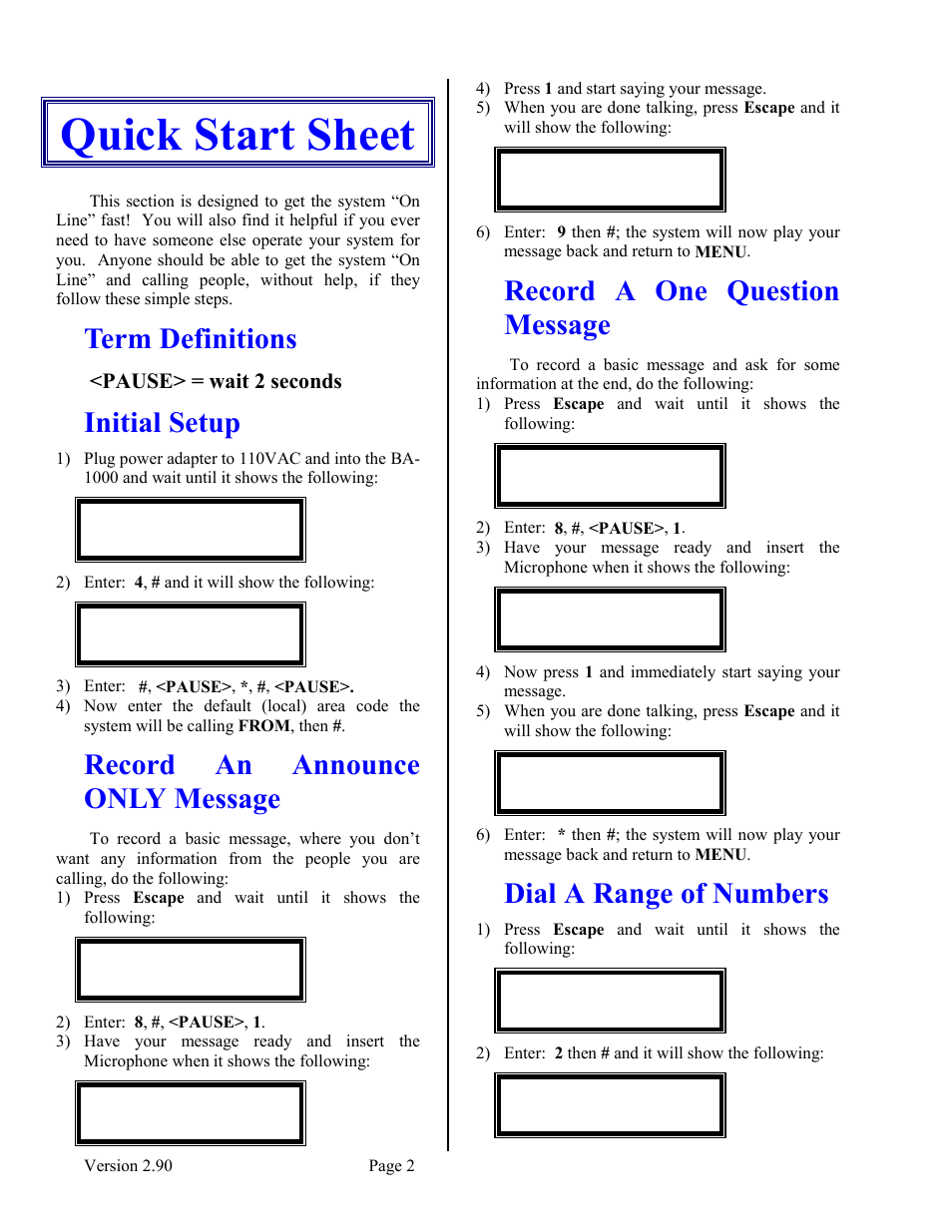 Quick start sheet, Term definitions, Initial setup | Record an announce only message, Record a one question message, Dial a range of numbers | Skutch Electronics BA-1000 V2.90 User Manual | Page 2 / 32