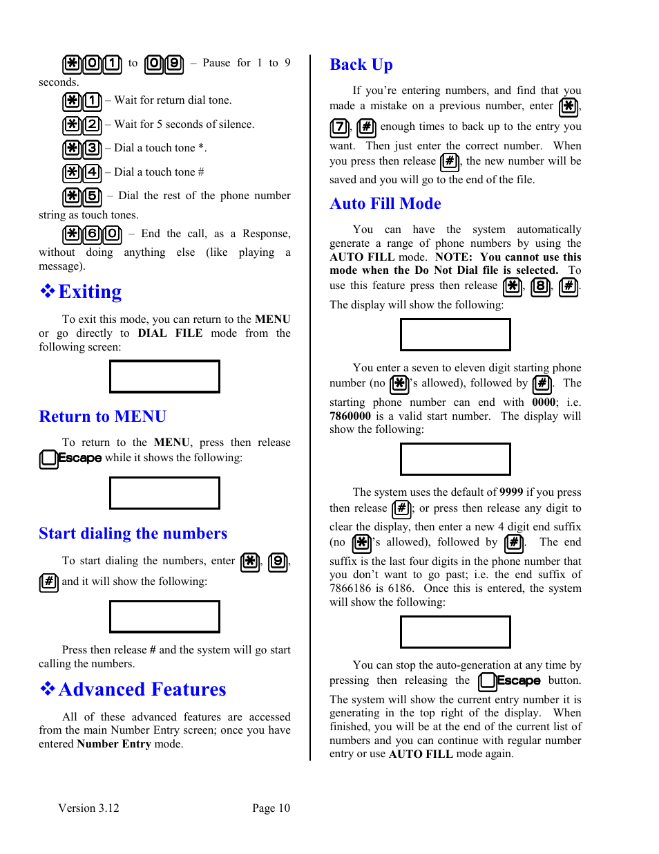 Exiting, Return to menu, Start dialing the numbers | Advanced features, Back up, Auto fill mode, Return to menu start dialing the numbers, Back up auto fill mode | Skutch Electronics BA-1000 V3.12 Technical Reference Manual User Manual | Page 10 / 37