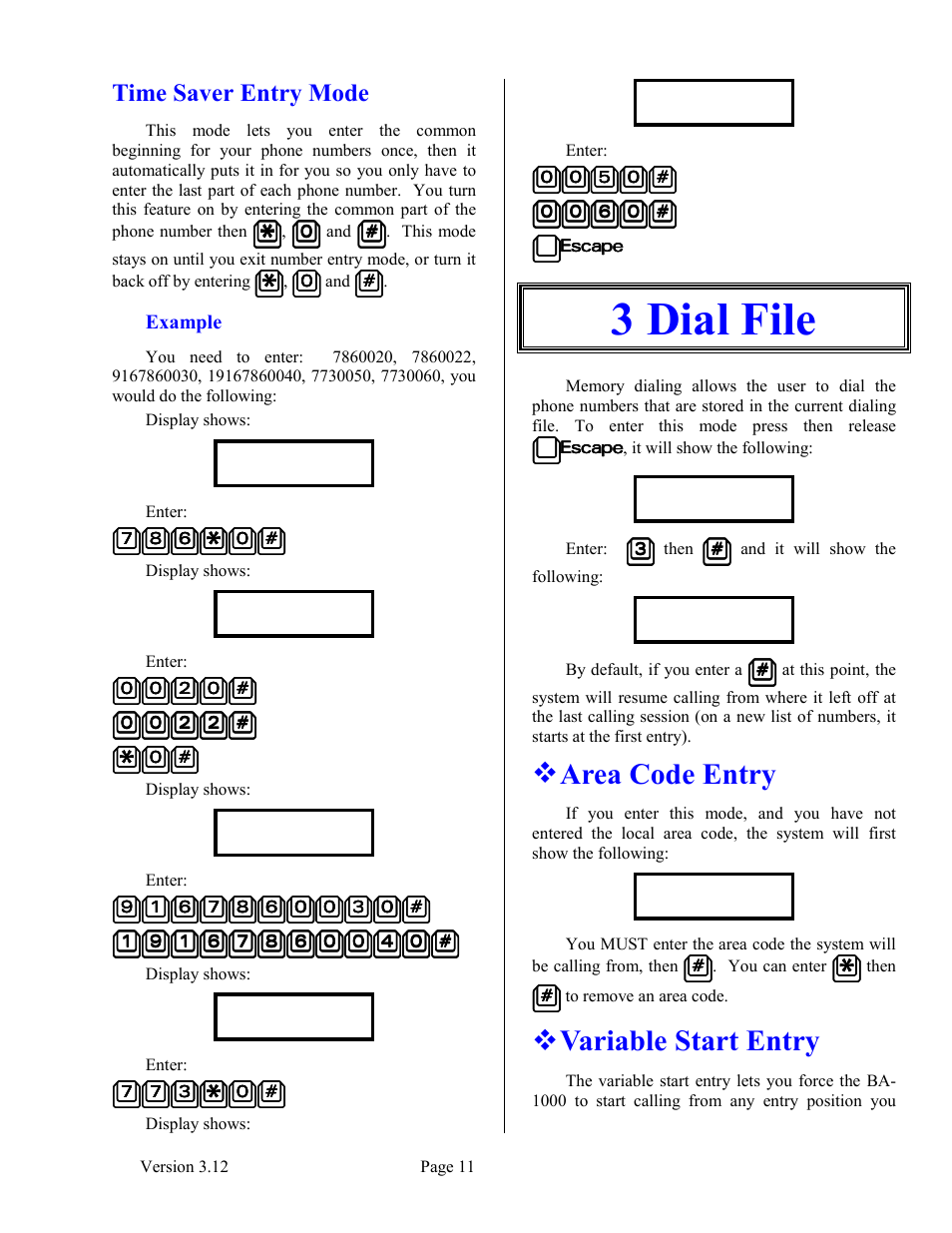 Time saver entry mode, Example, 3 dial file | Area code entry, Variable start entry | Skutch Electronics BA-1000 V3.12 Technical Reference Manual User Manual | Page 11 / 37