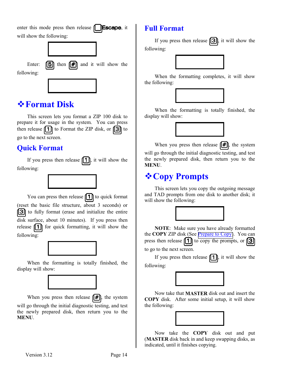 Format disk, Quick format, Full format | Copy prompts, Quick format full format | Skutch Electronics BA-1000 V3.12 Technical Reference Manual User Manual | Page 14 / 37