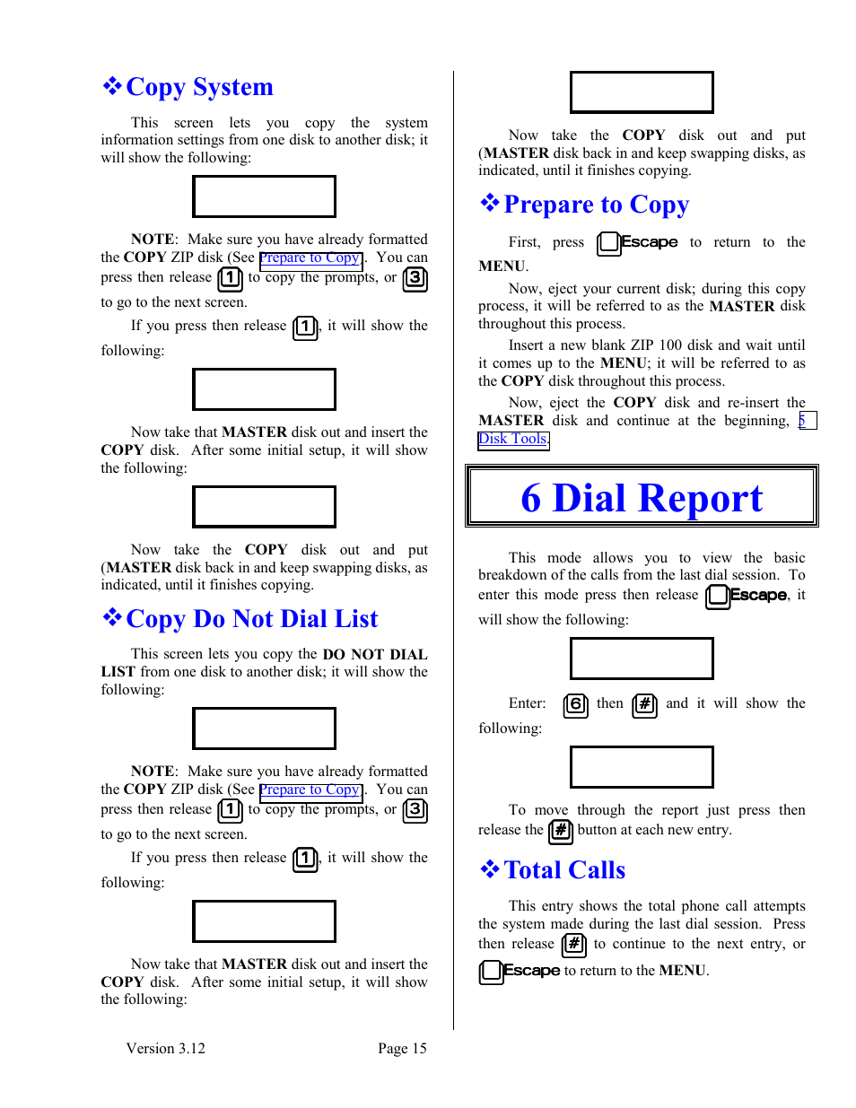 Copy system, Copy do not dial list, Prepare to copy | 6 dial report, Total calls | Skutch Electronics BA-1000 V3.12 Technical Reference Manual User Manual | Page 15 / 37