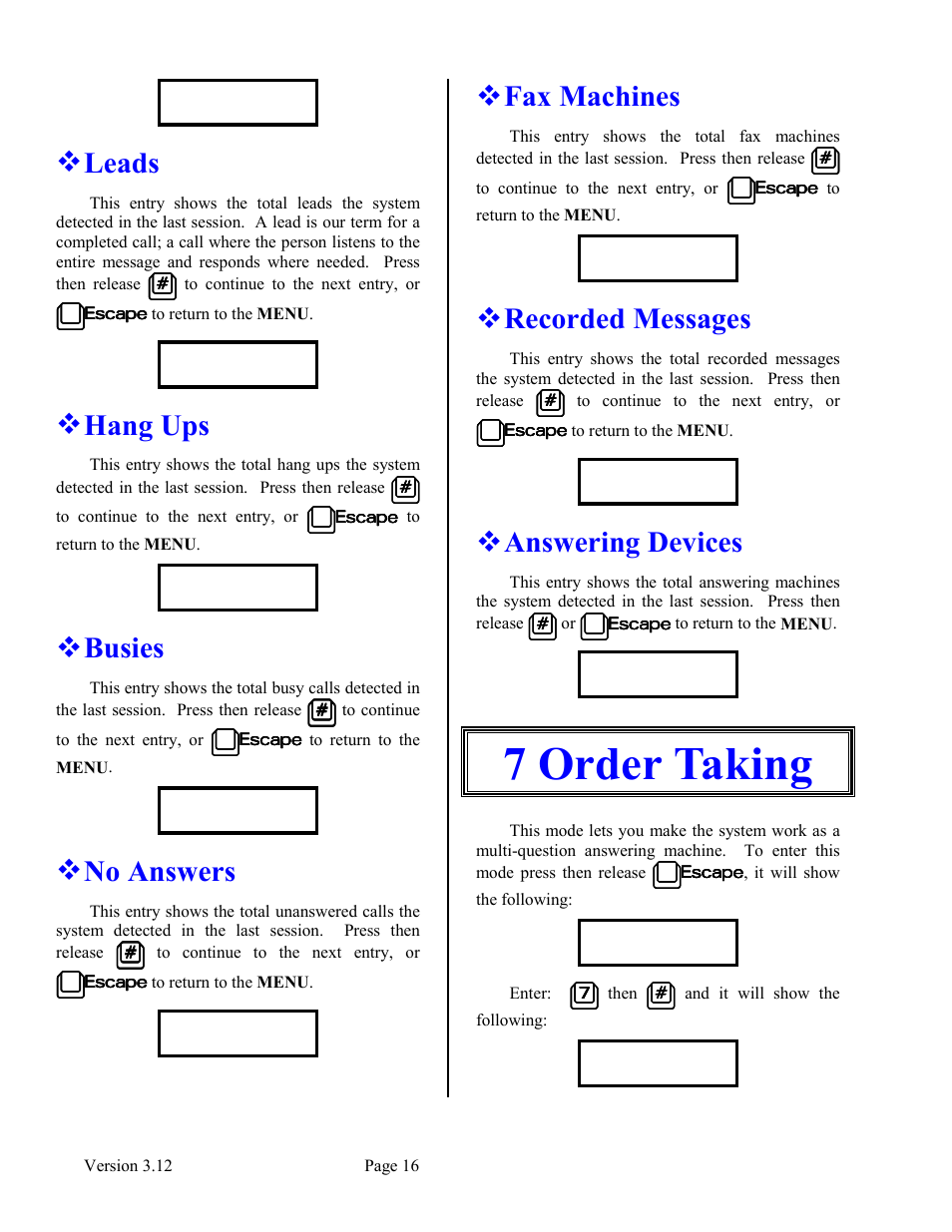 Leads, Hang ups, Busies | No answers, Fax machines, Recorded messages, Answering devices, 7 order taking | Skutch Electronics BA-1000 V3.12 Technical Reference Manual User Manual | Page 16 / 37