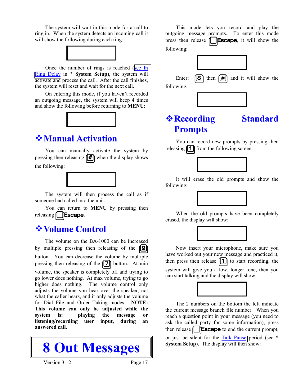 Manual activation, Volume control, 8 out messages | Recording standard prompts | Skutch Electronics BA-1000 V3.12 Technical Reference Manual User Manual | Page 17 / 37