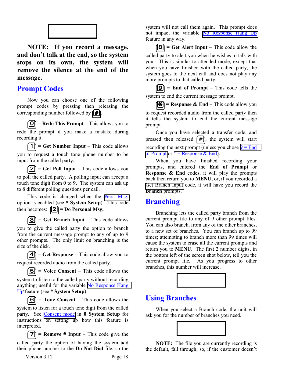 Prompt codes, Branching, Using branches | Prompt codes branching using branches | Skutch Electronics BA-1000 V3.12 Technical Reference Manual User Manual | Page 18 / 37