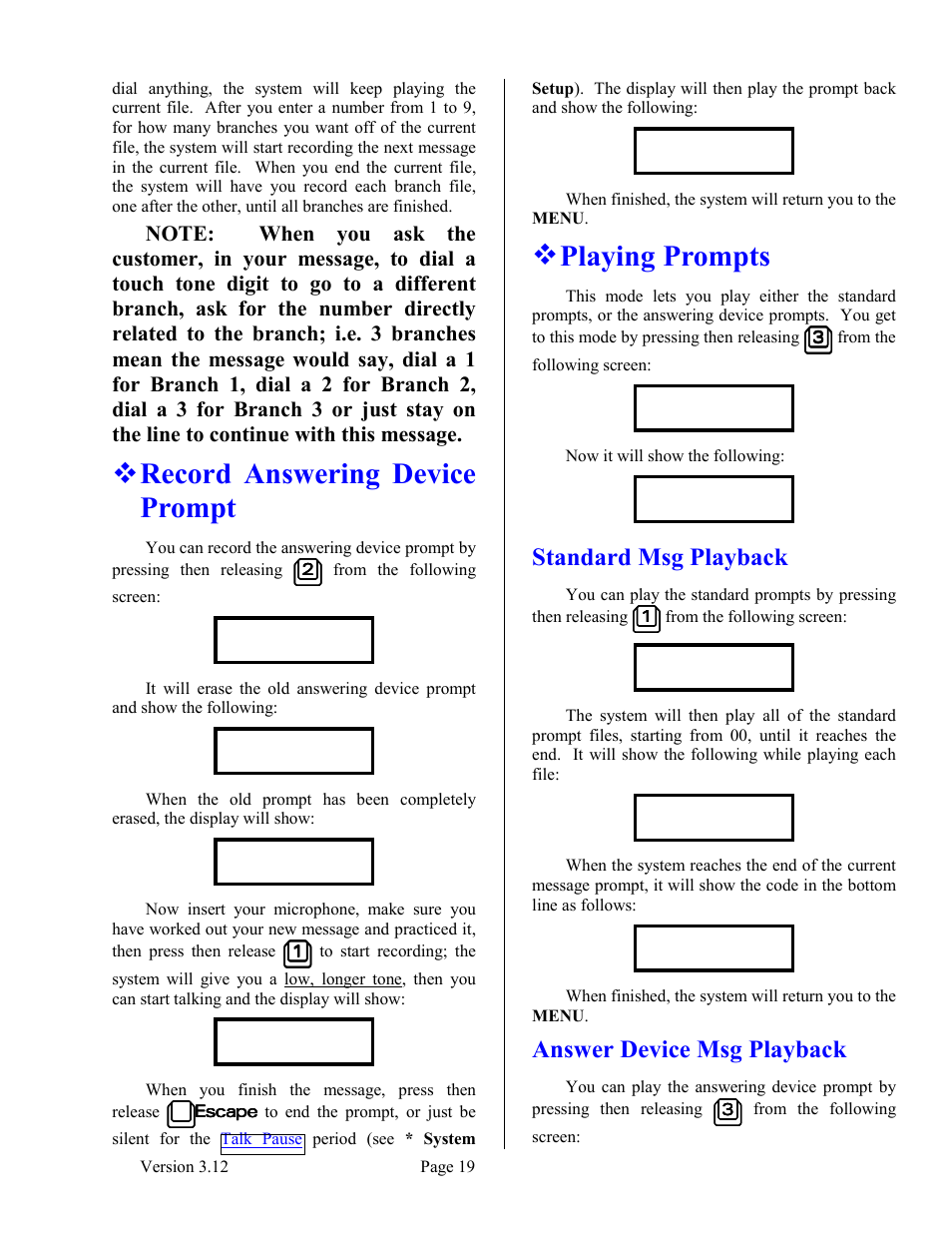 Record answering device prompt, Playing prompts, Standard msg playback | Answer device msg playback, Record answering device prompt 19, Standard msg playback answer device msg playback | Skutch Electronics BA-1000 V3.12 Technical Reference Manual User Manual | Page 19 / 37