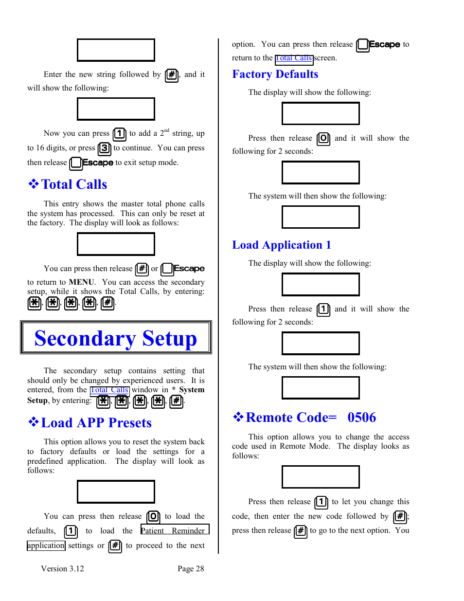Total calls, Secondary setup, Load app presets | Factory defaults, Load application 1, Remote code= 0506, Factory defaults load application 1 | Skutch Electronics BA-1000 V3.12 Technical Reference Manual User Manual | Page 28 / 37