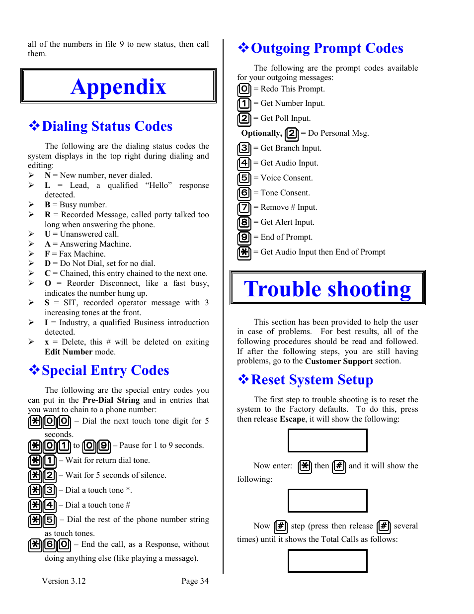 Appendix, Dialing status codes, Special entry codes | Outgoing prompt codes, Trouble shooting, Reset system setup | Skutch Electronics BA-1000 V3.12 Technical Reference Manual User Manual | Page 34 / 37