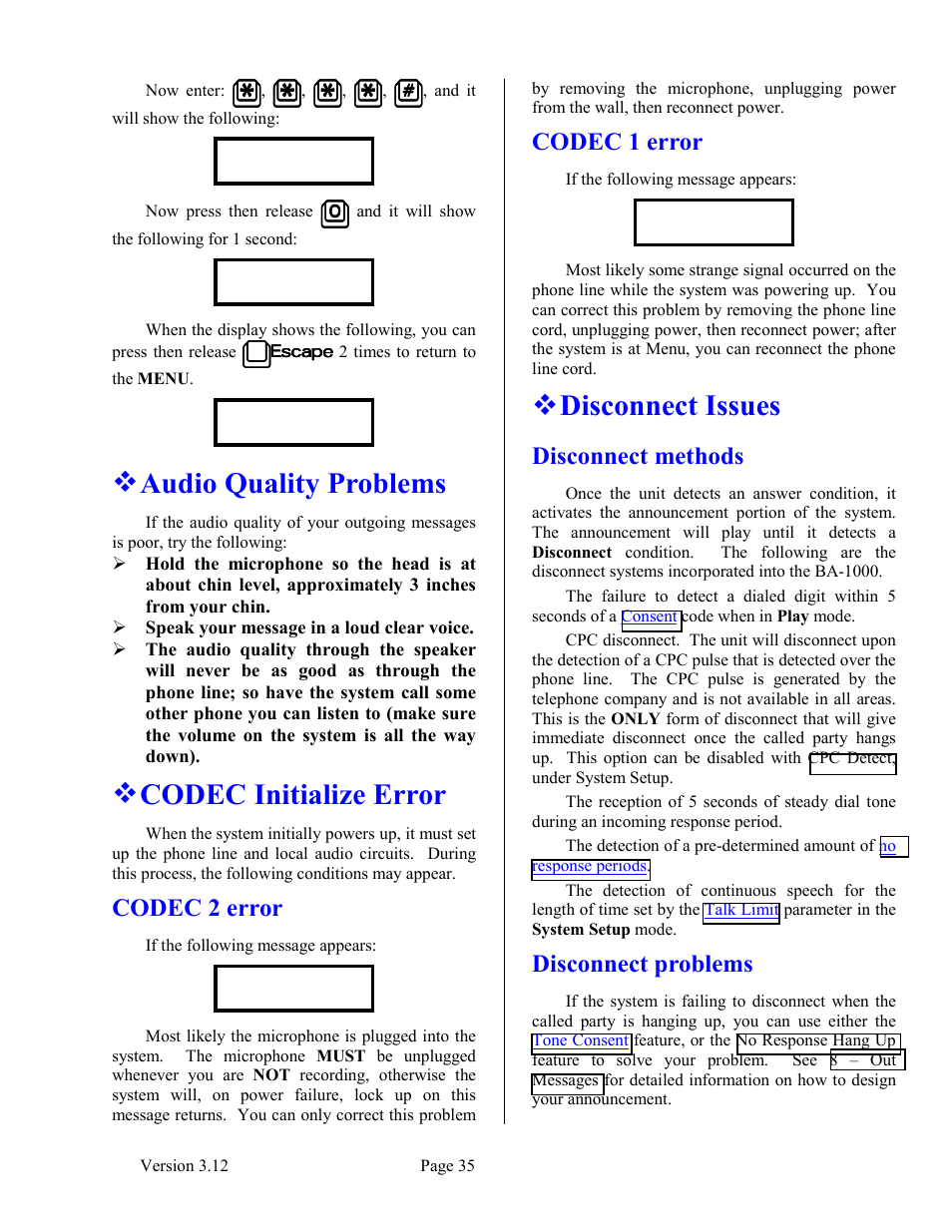 Audio quality problems, Codec initialize error, Codec 2 error | Codec 1 error, Disconnect issues, Disconnect methods, Disconnect problems, Codec 2 error codec 1 error, Disconnect methods disconnect problems | Skutch Electronics BA-1000 V3.12 Technical Reference Manual User Manual | Page 35 / 37