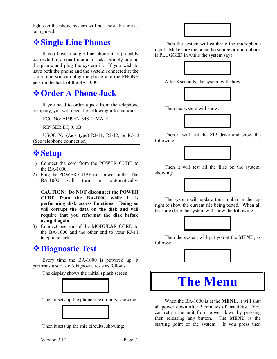 Single line phones, Order a phone jack, Setup | Diagnostic test, The menu | Skutch Electronics BA-1000 V3.12 Technical Reference Manual User Manual | Page 7 / 37