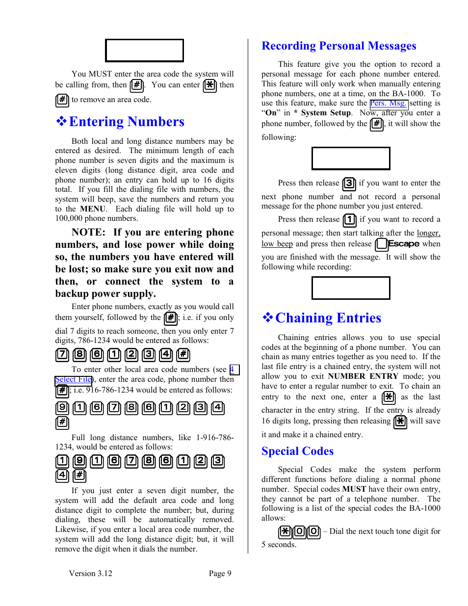 Entering numbers, Recording personal messages, Chaining entries | Special codes | Skutch Electronics BA-1000 V3.12 Technical Reference Manual User Manual | Page 9 / 37