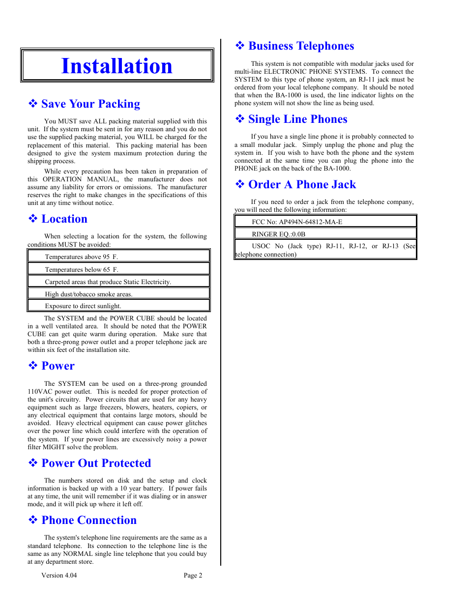 Installation, Save your packing, Location | Power, Power out protected, Phone connection, Business telephones, Single line phones, Order a phone jack | Skutch Electronics BA-1000 V4.04 User Manual | Page 2 / 9