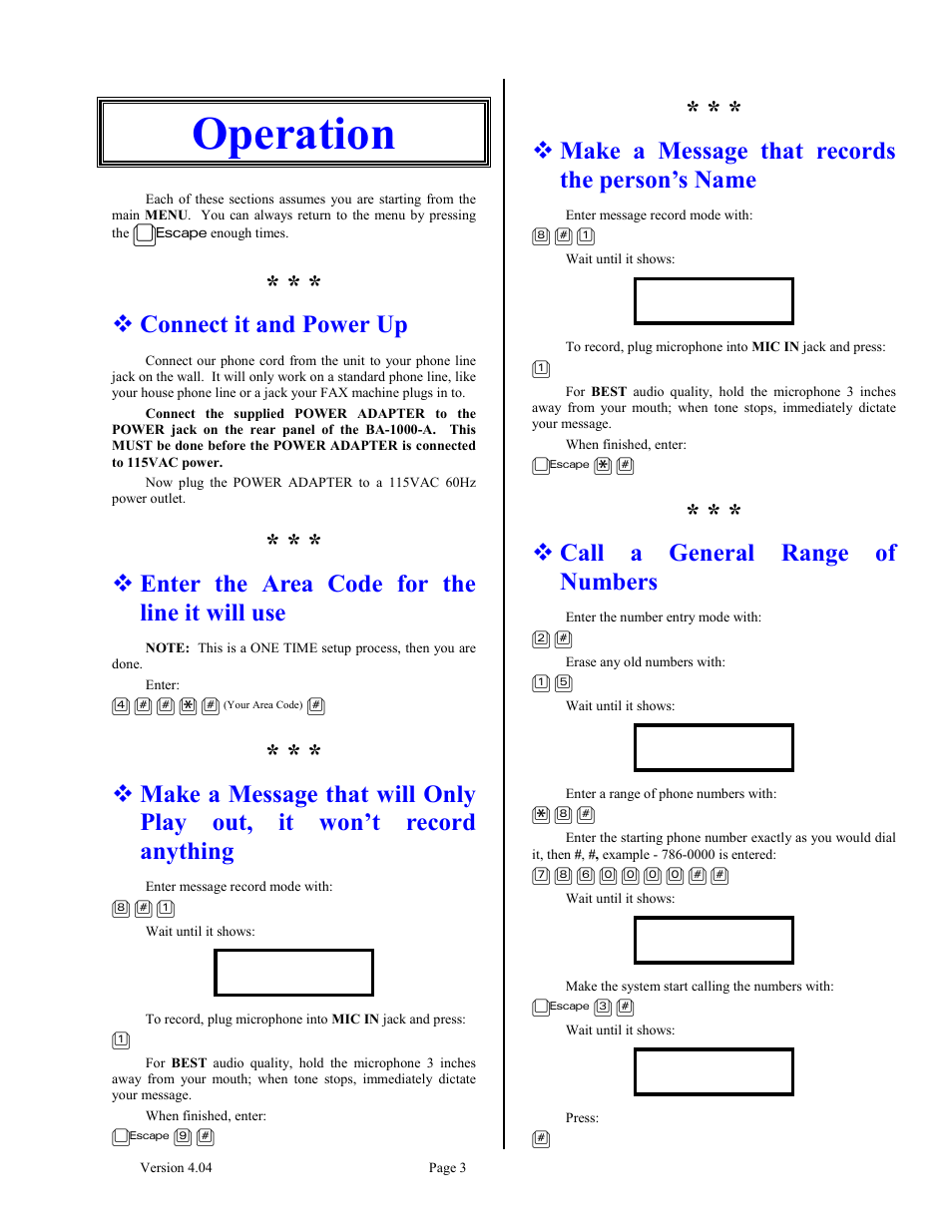 Operation, Connect it and power up, Enter the area code for the line it will use | Make a message that records the person’s name, Call a general range of numbers | Skutch Electronics BA-1000 V4.04 User Manual | Page 3 / 9