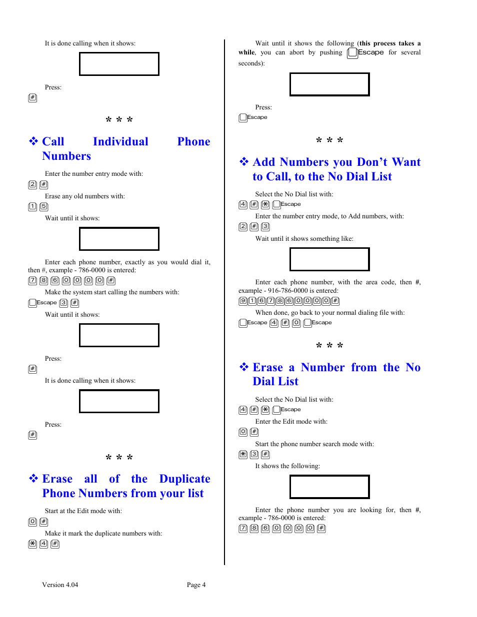 Call individual phone numbers, Erase a number from the no dial list | Skutch Electronics BA-1000 V4.04 User Manual | Page 4 / 9