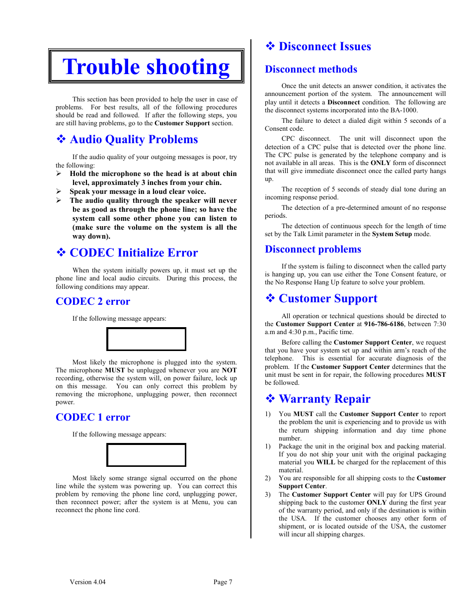 Trouble shooting, Audio quality problems, Codec initialize error | Codec 2 error, Codec 1 error, Disconnect issues, Disconnect methods, Disconnect problems, Customer support, Warranty repair | Skutch Electronics BA-1000 V4.04 User Manual | Page 7 / 9