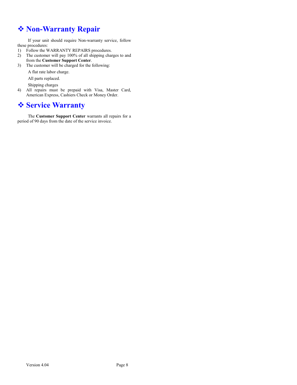 Non-warranty repair, Service warranty | Skutch Electronics BA-1000 V4.04 User Manual | Page 8 / 9