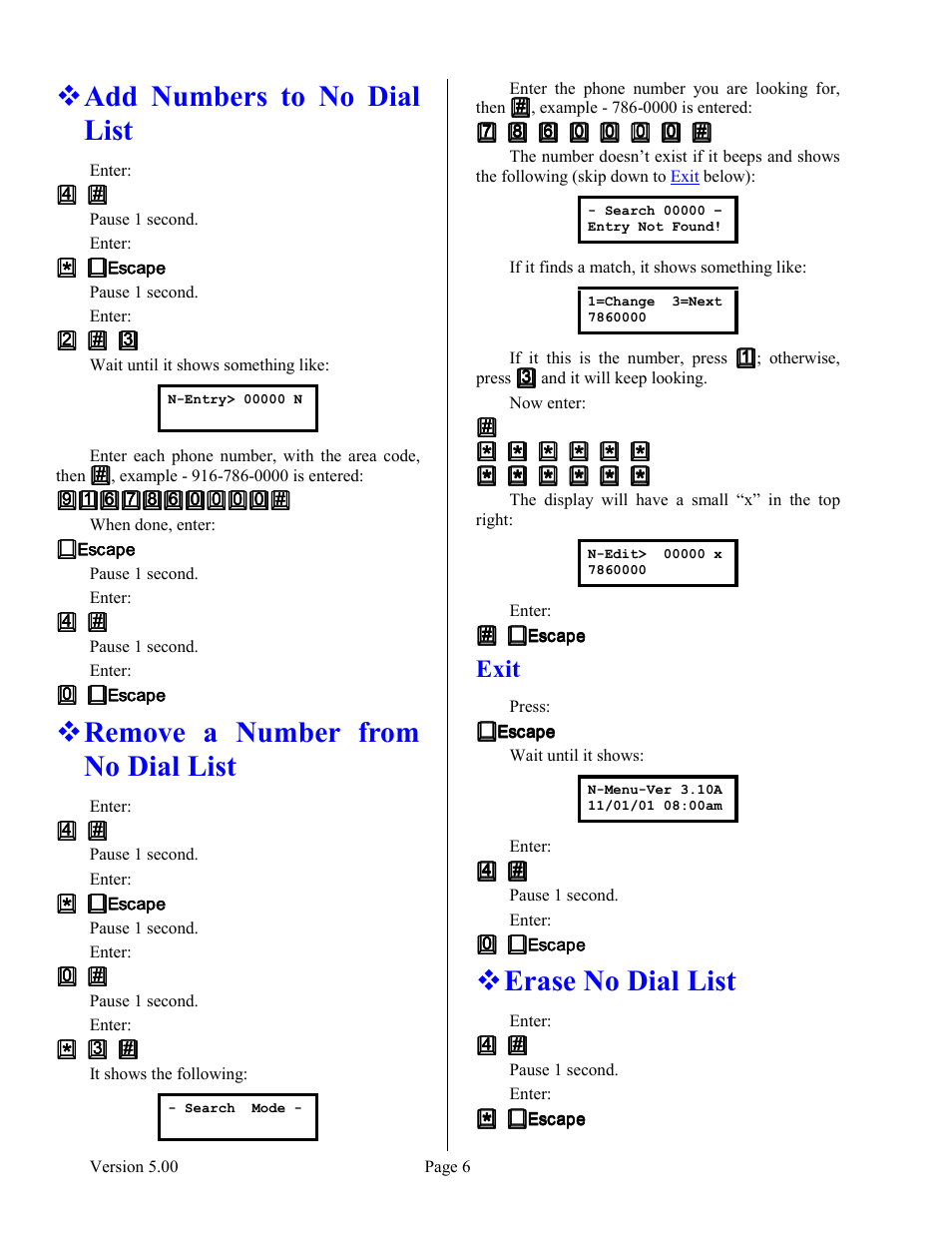 Add numbers to no dial list, Remove a number from no dial list, Erase no dial list | Exit | Skutch Electronics BA-1000 V5.xx User Manual | Page 10 / 18