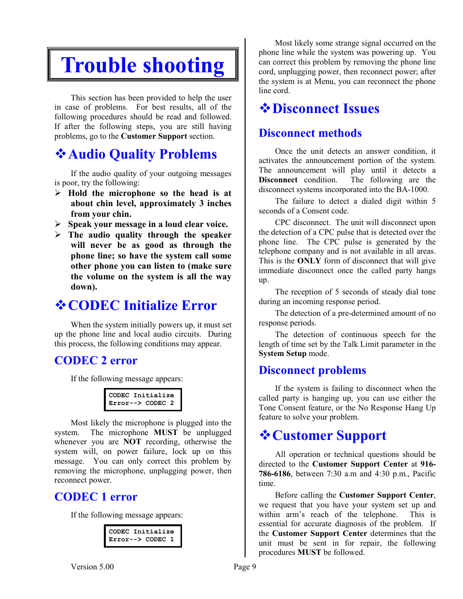 Trouble shooting, Audio quality problems, Codec initialize error | Disconnect issues, Customer support, Codec 2 error, Codec 1 error, Disconnect methods, Disconnect problems | Skutch Electronics BA-1000 V5.xx User Manual | Page 13 / 18