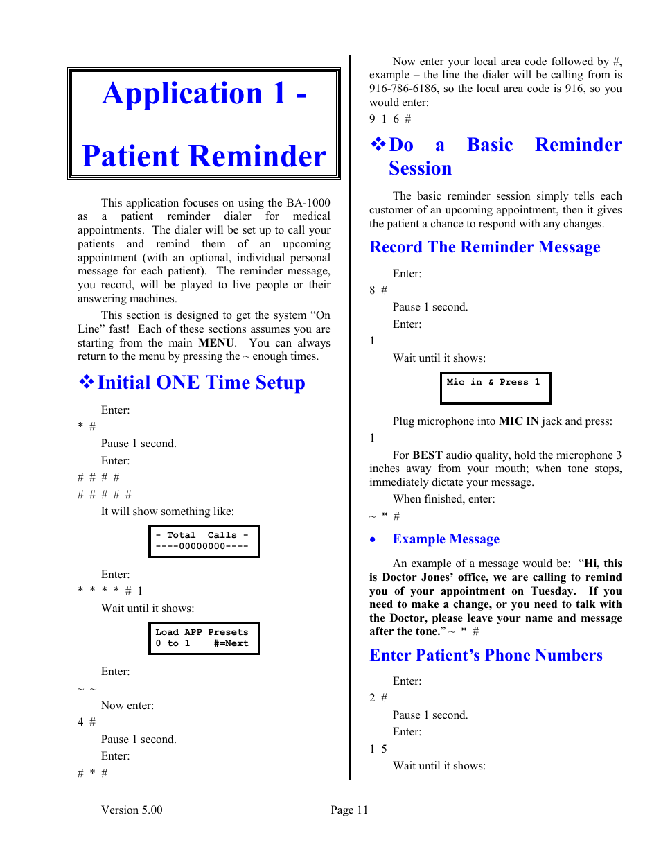 Application 1 - patient reminder, Initial one time setup, Do a basic reminder session | Record the reminder message, Enter patient’s phone numbers | Skutch Electronics BA-1000 V5.xx User Manual | Page 15 / 18