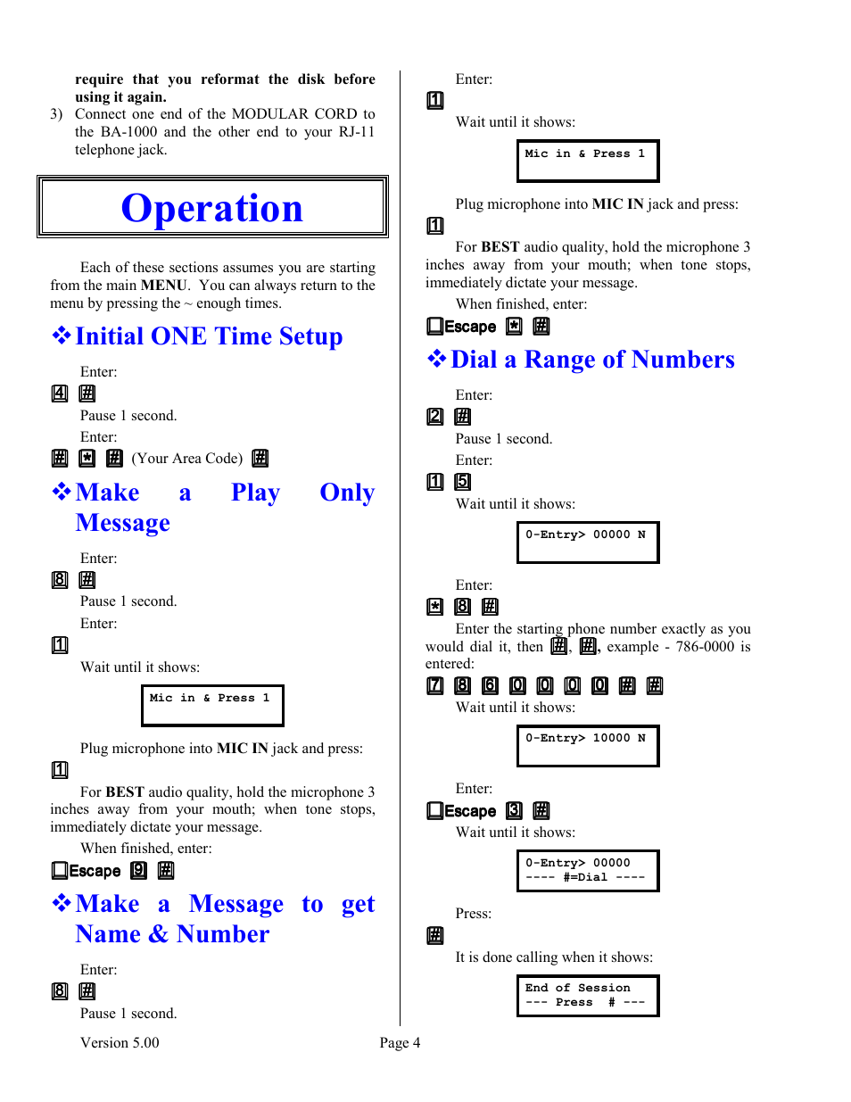 Operation, Initial one time setup, Make a play only message | Make a message to get name & number, Dial a range of numbers | Skutch Electronics BA-1000 V5.xx User Manual | Page 8 / 18