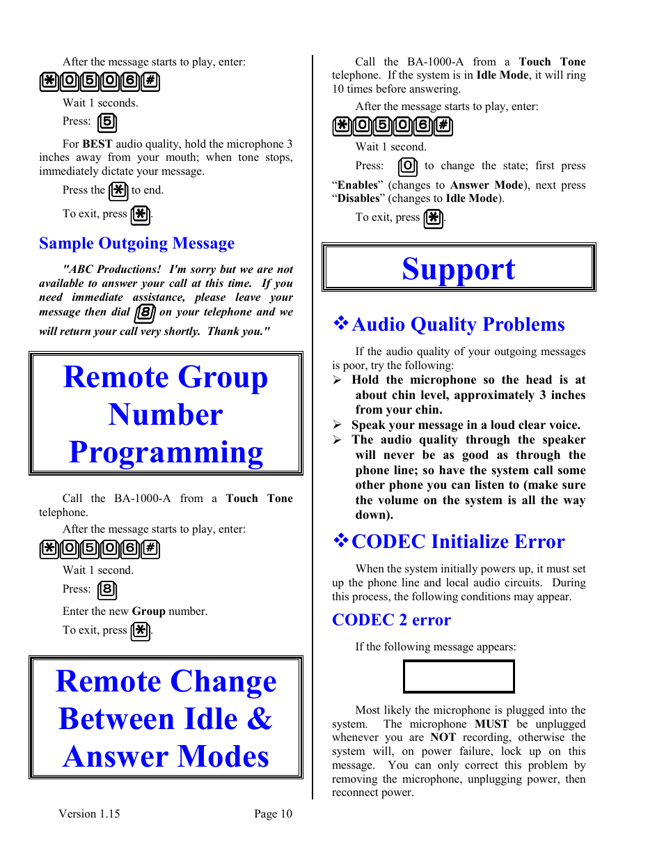 Sample outgoing message, Remote group number programming, Remote change between idle & answer modes | Support, Audio quality problems, Codec initialize error, Codec 2 error, Programming, Idle & answer modes support | Skutch Electronics BA-1000-A V1.15 User Manual | Page 10 / 12