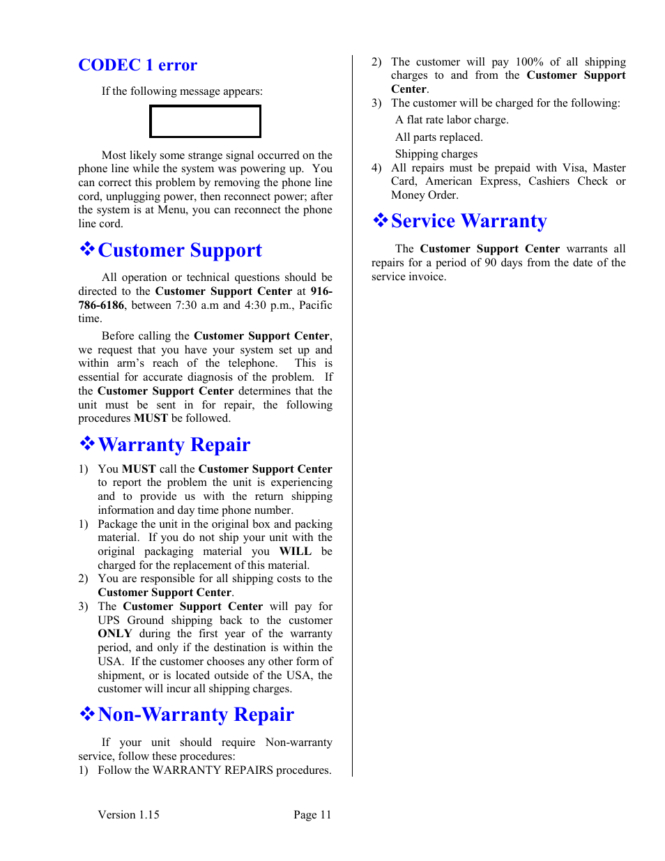 Codec 1 error, Customer support, Warranty repair | Non-warranty repair, Service warranty | Skutch Electronics BA-1000-A V1.15 User Manual | Page 11 / 12