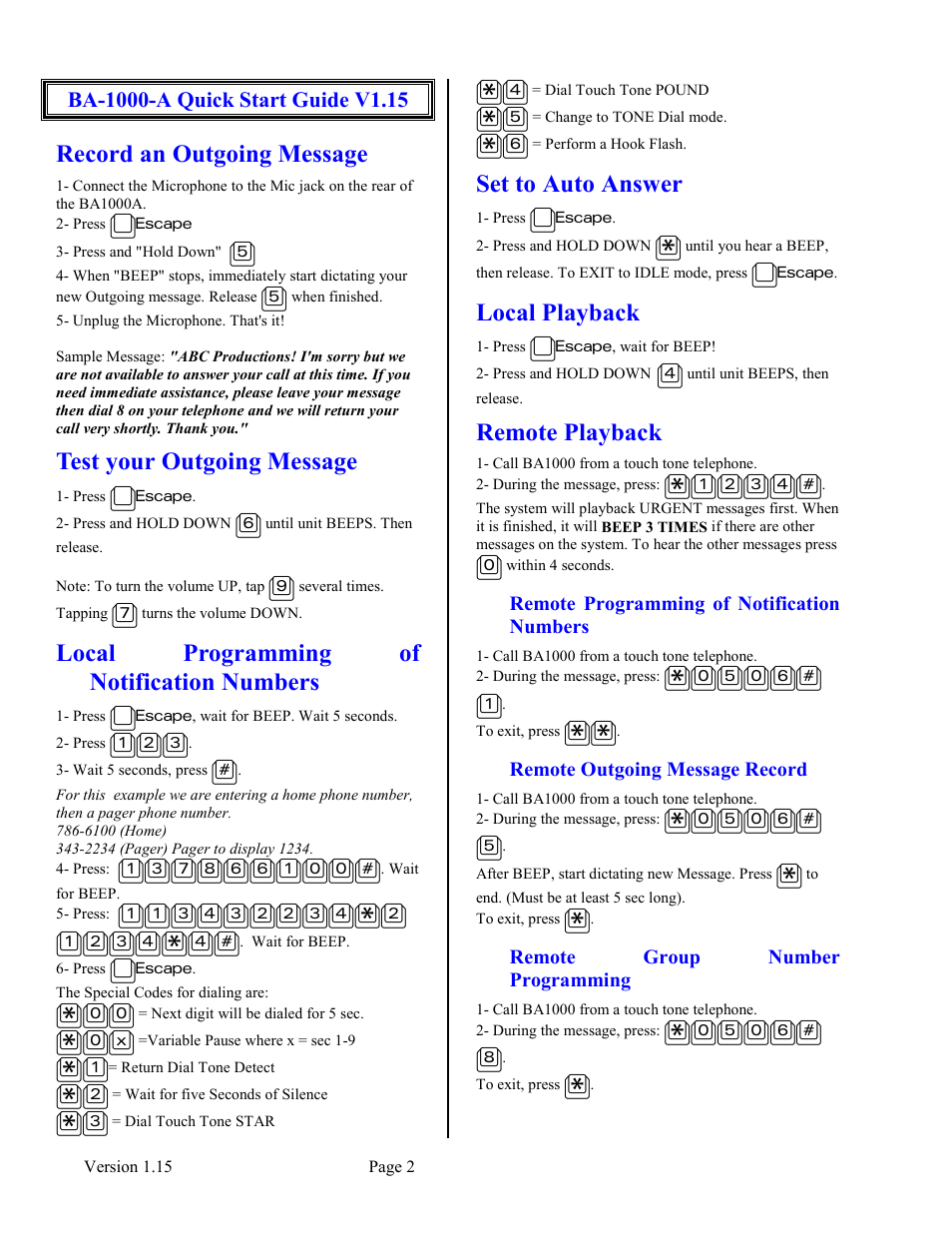 Ba-1000-a quick start guide v1.15, Record an outgoing message, Test your outgoing message | Local programming of notification numbers, Set to auto answer, Local playback, Remote playback, Remote programming of notification numbers, Remote outgoing message record, Remote group number programming | Skutch Electronics BA-1000-A V1.15 User Manual | Page 2 / 12