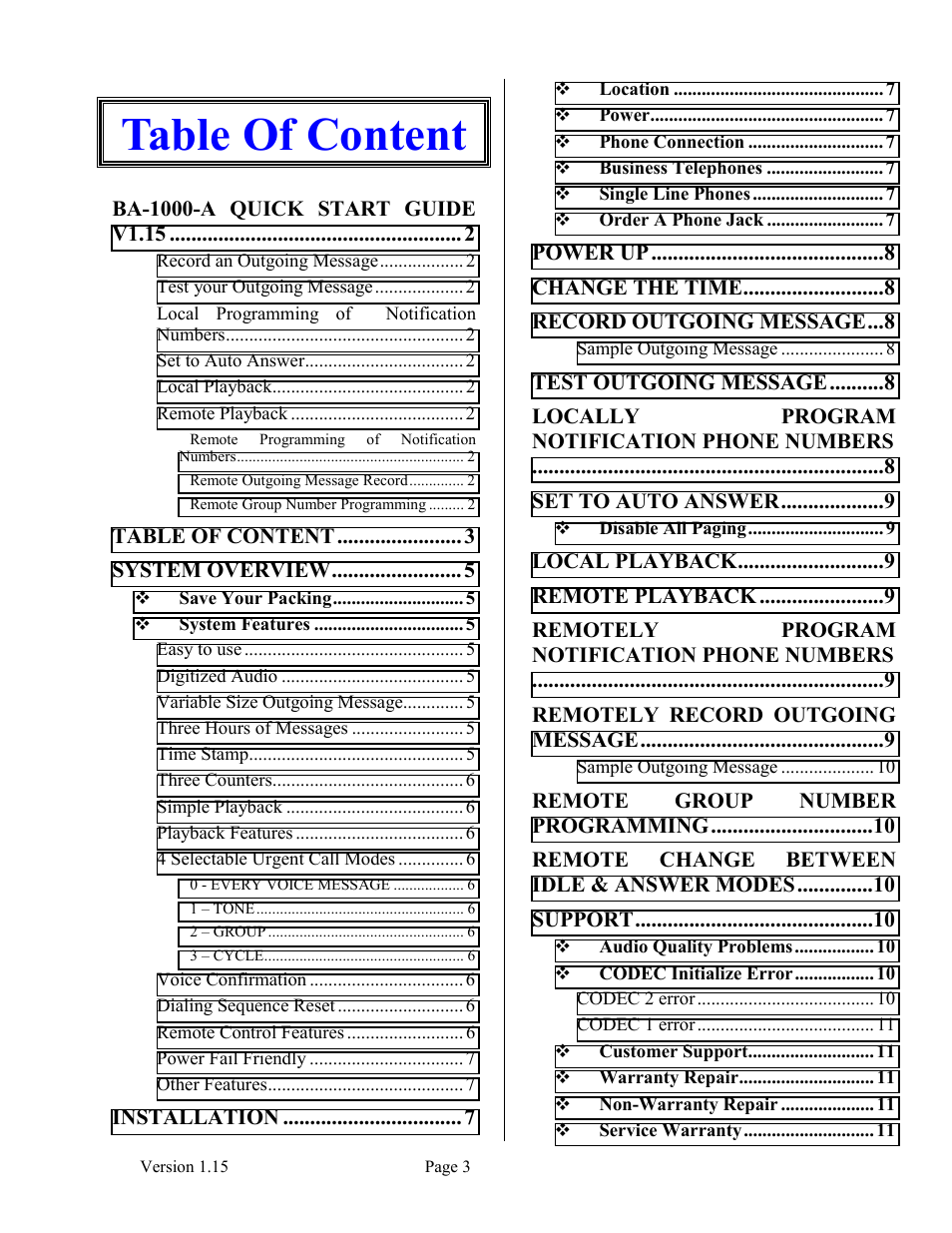 Table of content | Skutch Electronics BA-1000-A V1.15 User Manual | Page 3 / 12