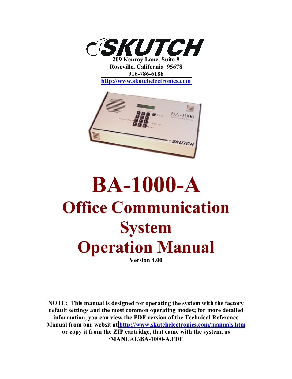 Skutch Electronics BA-1000-A V4.00 User Manual | 16 pages