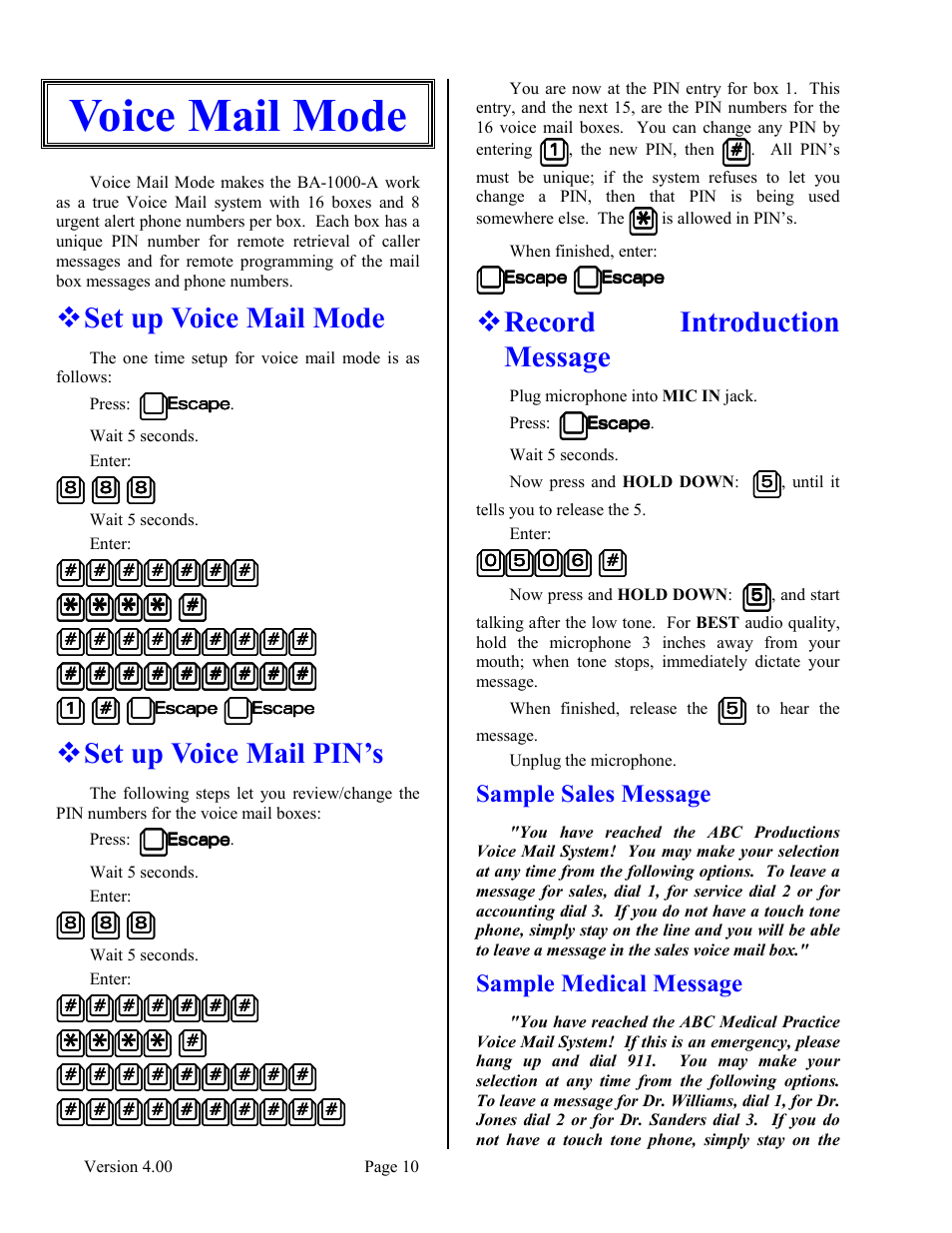 Voice mail mode, Set up voice mail mode, Set up voice mail pin’s | Record introduction message, Sample sales message, Sample medical message, Sample sales message sample medical message | Skutch Electronics BA-1000-A V4.00 User Manual | Page 10 / 16