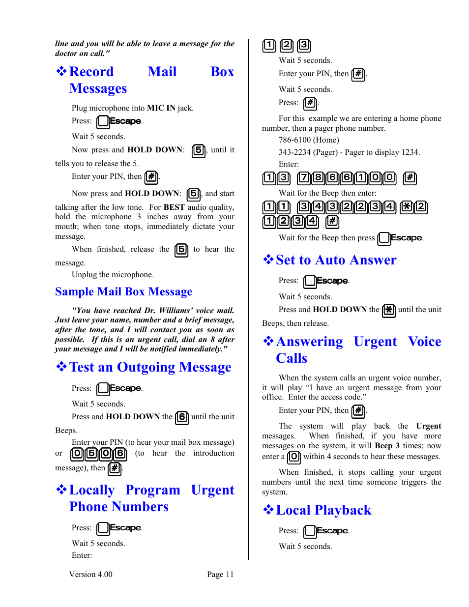 Record mail box messages, Sample mail box message, Test an outgoing message | Locally program urgent phone numbers, Set to auto answer, Answering urgent voice calls, Local playback | Skutch Electronics BA-1000-A V4.00 User Manual | Page 11 / 16