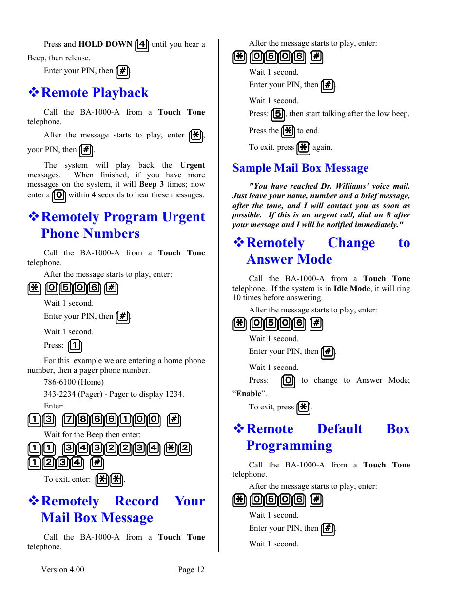 Remote playback, Remotely program urgent phone numbers, Remotely record your mail box message | Sample mail box message, Remotely change to answer mode, Remote default box programming, Numbers, Message | Skutch Electronics BA-1000-A V4.00 User Manual | Page 12 / 16