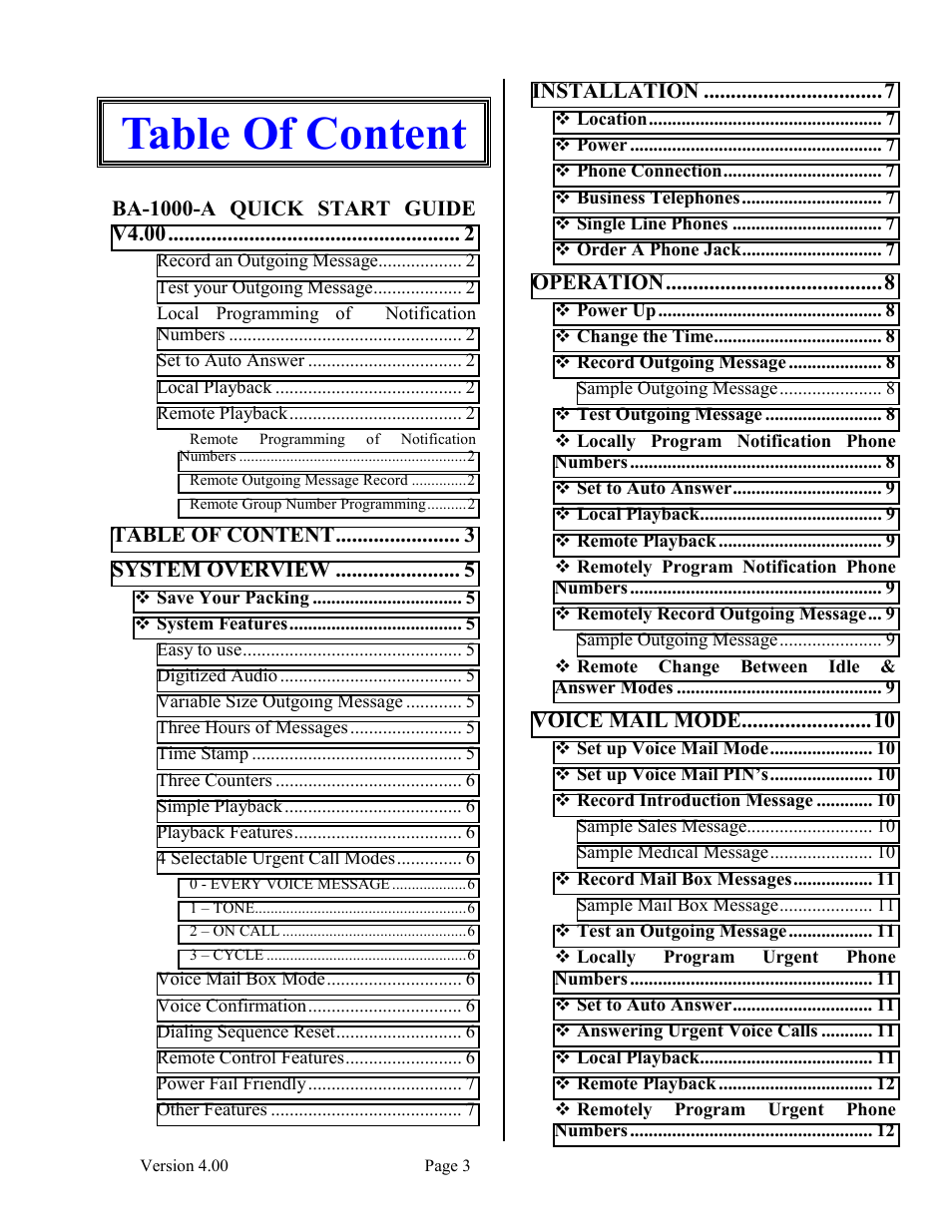 Table of content | Skutch Electronics BA-1000-A V4.00 User Manual | Page 3 / 16