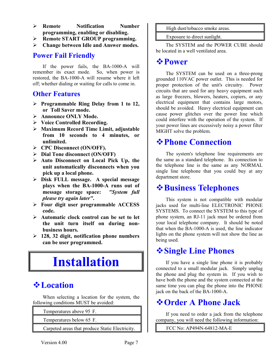 Power fail friendly, Other features, Installation | Location, Power, Phone connection, Business telephones, Single line phones, Order a phone jack, Power fail friendly other features | Skutch Electronics BA-1000-A V4.00 User Manual | Page 7 / 16