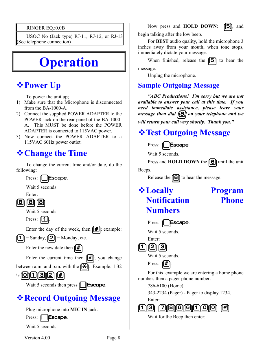 Operation, Power up, Change the time | Record outgoing message, Sample outgoing message, Test outgoing message, Locally program notification phone numbers, Numbers | Skutch Electronics BA-1000-A V4.00 User Manual | Page 8 / 16
