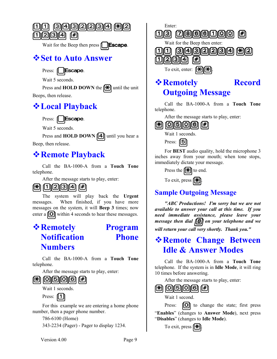 Set to auto answer, Local playback, Remote playback | Remotely program notification phone numbers, Remotely record outgoing message, Sample outgoing message, Remote change between idle & answer modes, Numbers ! remotely record outgoing message, Answer modes | Skutch Electronics BA-1000-A V4.00 User Manual | Page 9 / 16