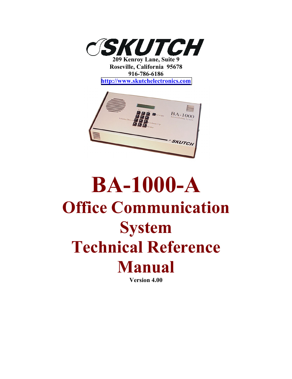 Skutch Electronics BA-1000-A V4.00 Technical Reference Manual User Manual | 26 pages