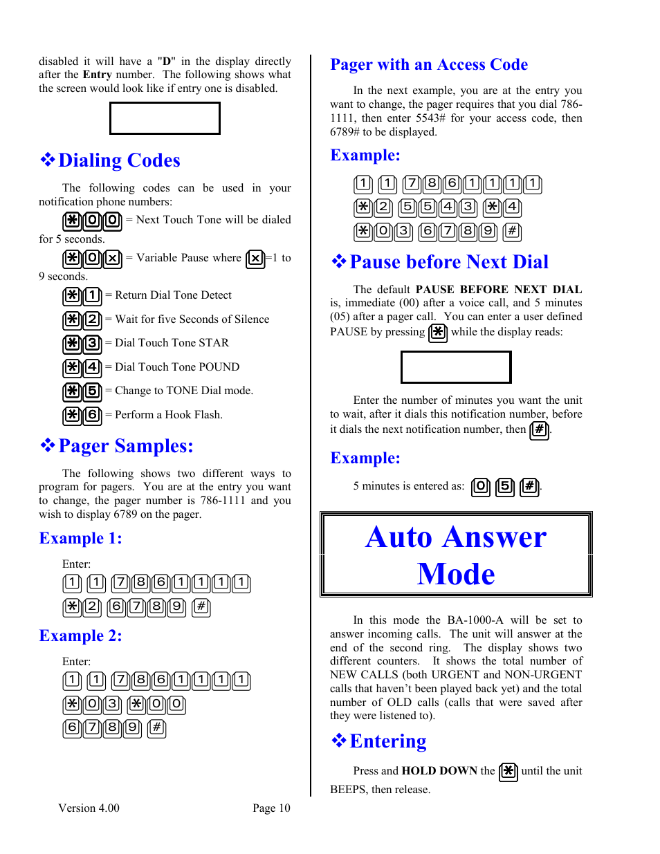 Dialing codes, Example 1, Example 2 | Example, Pause before next dial, Auto answer mode, Entering, Pager samples, Pager with an access code | Skutch Electronics BA-1000-A V4.00 Technical Reference Manual User Manual | Page 10 / 26