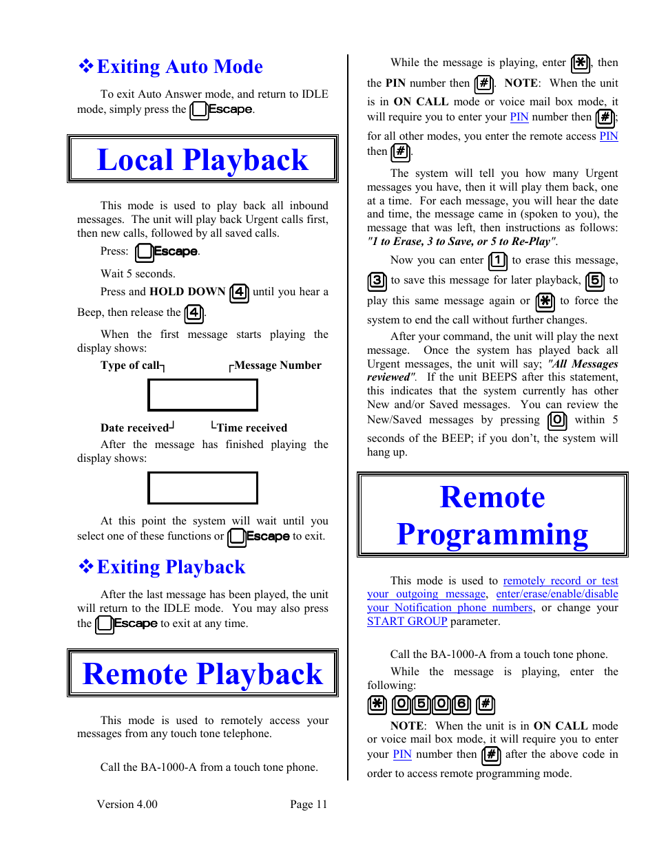Exiting auto mode, Local playback, Exiting playback | Remote playback, Remote programming, Remote playback remote programming | Skutch Electronics BA-1000-A V4.00 Technical Reference Manual User Manual | Page 11 / 26