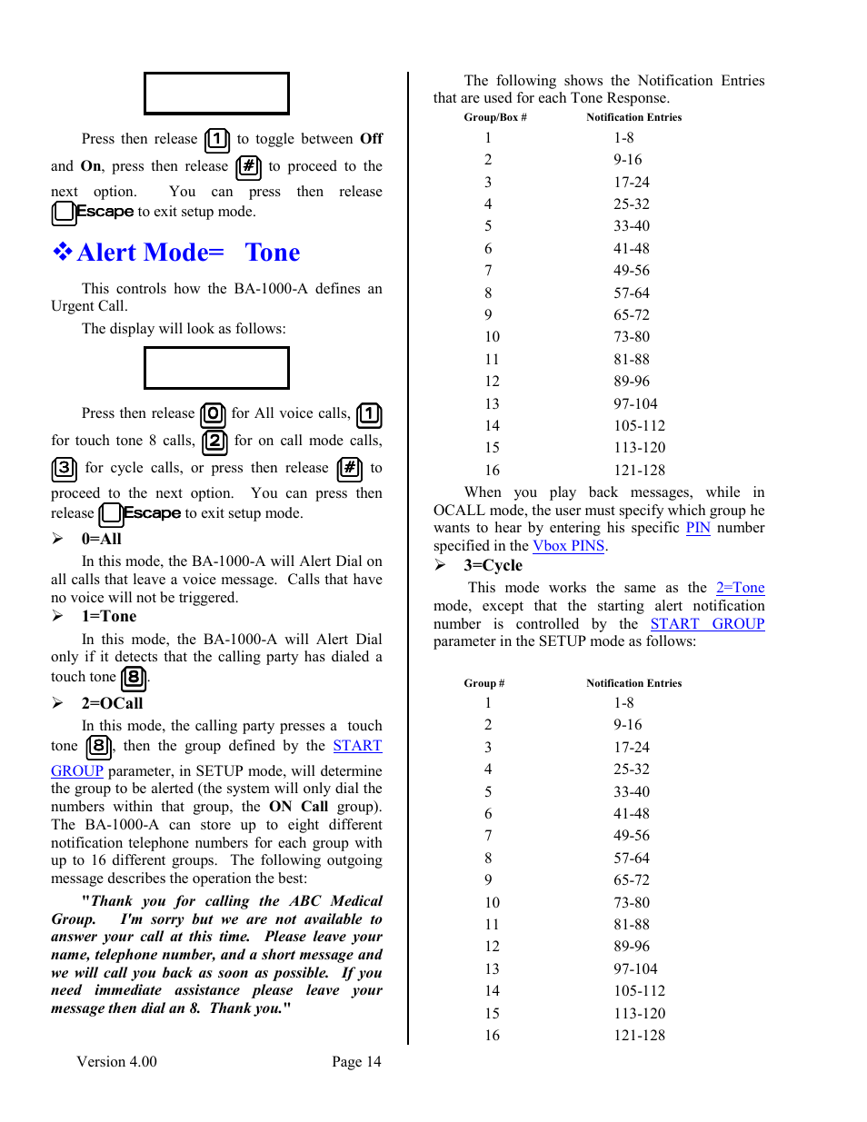 Alert mode= tone | Skutch Electronics BA-1000-A V4.00 Technical Reference Manual User Manual | Page 14 / 26