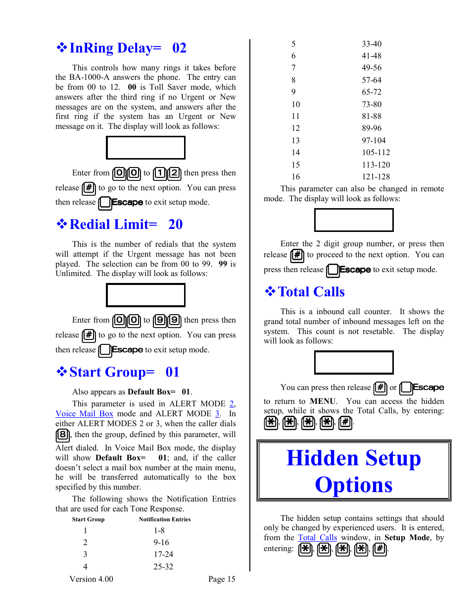 Inring delay= 02, Redial limit= 20, Start group= 01 | Total calls, Hidden setup options | Skutch Electronics BA-1000-A V4.00 Technical Reference Manual User Manual | Page 15 / 26