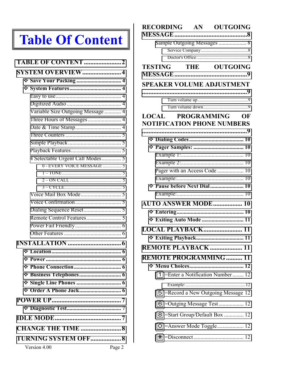 Table of content | Skutch Electronics BA-1000-A V4.00 Technical Reference Manual User Manual | Page 2 / 26