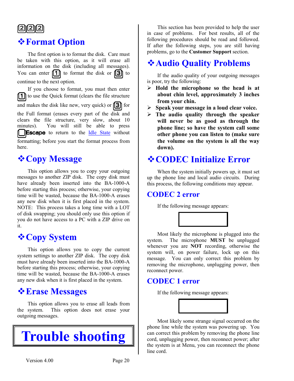 Format option, Copy message, Copy system | Erase messages, Trouble shooting, Audio quality problems, Codec initialize error, Codec 2 error, Codec 1 error, Format option ! copy message | Skutch Electronics BA-1000-A V4.00 Technical Reference Manual User Manual | Page 20 / 26