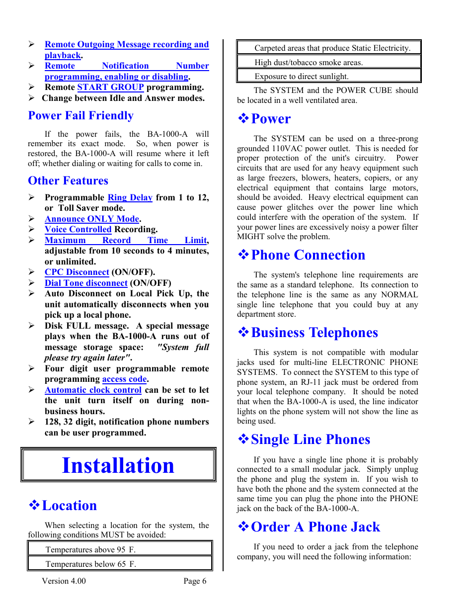 Power fail friendly, Other features, Installation | Location, Power, Phone connection, Business telephones, Single line phones, Order a phone jack, Power fail friendly other features | Skutch Electronics BA-1000-A V4.00 Technical Reference Manual User Manual | Page 6 / 26