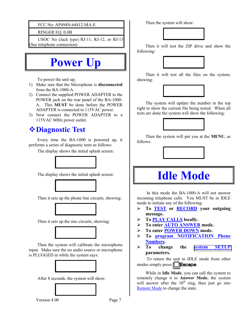 Power up, Diagnostic test, Idle mode | Skutch Electronics BA-1000-A V4.00 Technical Reference Manual User Manual | Page 7 / 26