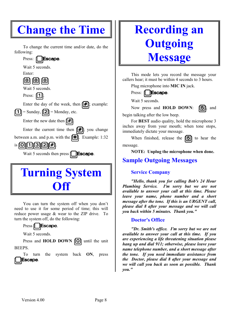 Change the time, Turning system off, Recording an outgoing message | Sample outgoing messages, Service company, Doctor's office, Change the time turning system off, Message | Skutch Electronics BA-1000-A V4.00 Technical Reference Manual User Manual | Page 8 / 26