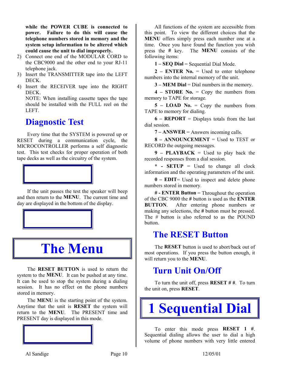 Diagnostic test, The menu, The reset button | Turn unit on/off, 1 sequential dial | Skutch Electronics CBC 9000 User Manual | Page 10 / 33